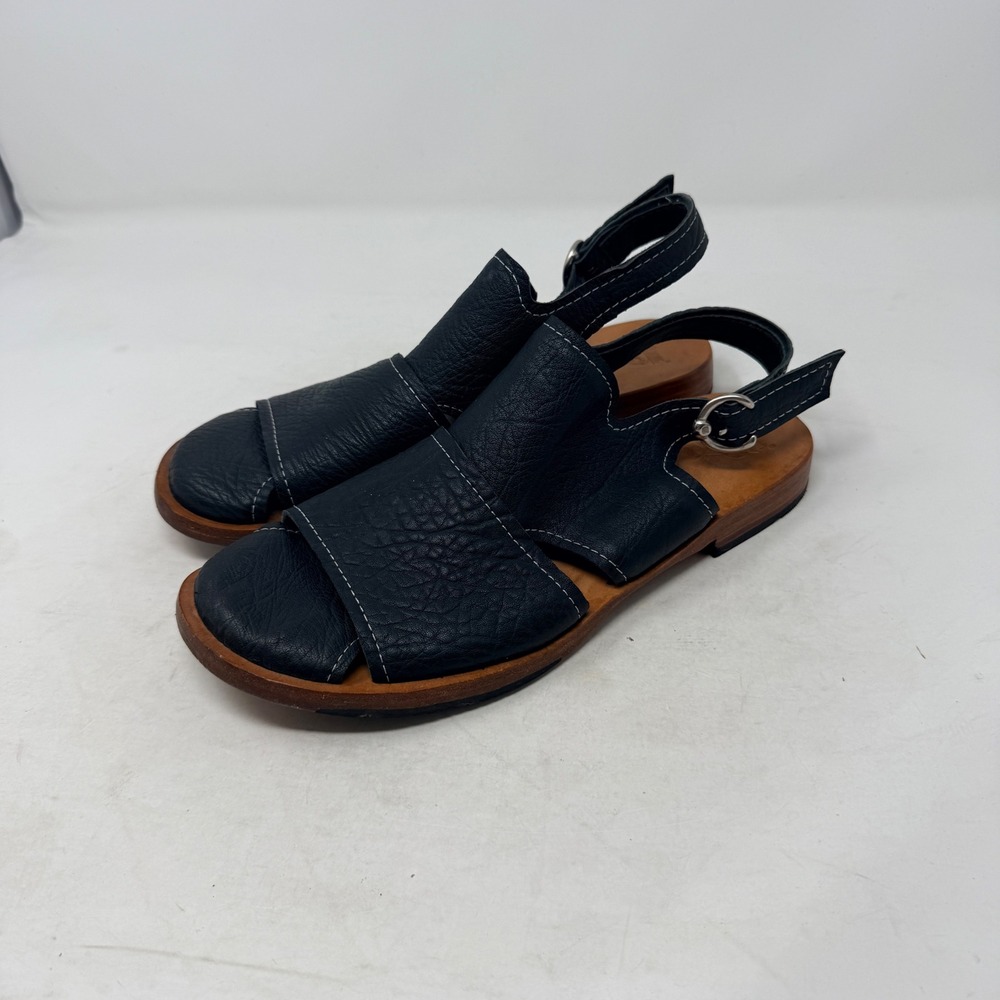 John Fluevog Sandals Black 10 Leather Slingback Flat Artisan Boho Shoes